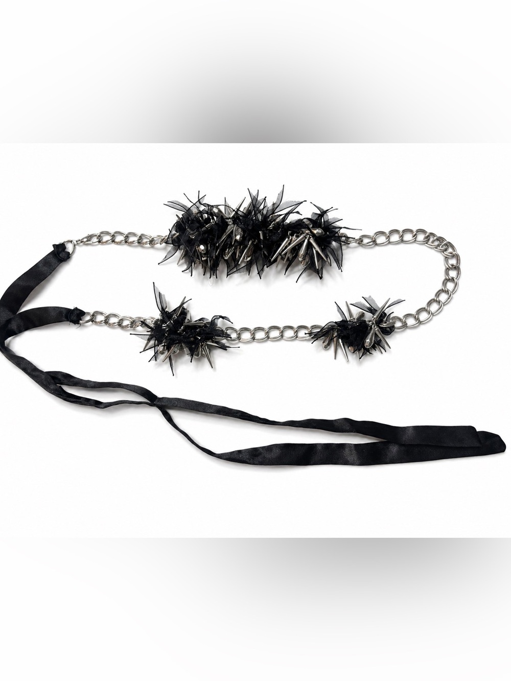 Black Spiked Chain Waist Belt with Ribbon Tie